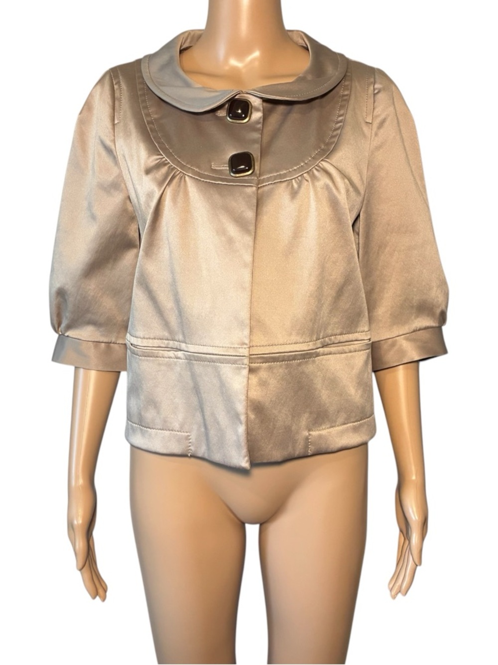 Zara Women's Swing Jacket Size L Cropped 3/4 Sleeve Lined Vetted Pockets Satin